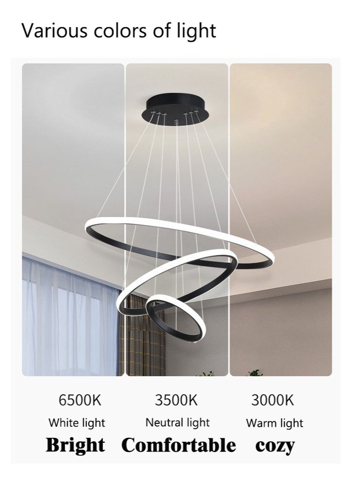 An LED chandelier composed of three light rings, stylish and simple. It has three light colors, adjustable in shape, and can be controlled by remote control or switch. It is suitable for above the dining table, living room, bedroom and study. - Image 2